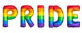 Pride. Rainbow Helium balloon. Rainbow flag symbol gays and lesbians LGBT, LGBTQ. Rainbow colors. Letters P R I D E