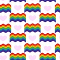 Pride seamless pattern, rainbow flag and pink hearts on white background