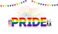 Pride text in rainbow color with gay and lesbian couples on glossy white background.