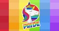 Pride text and unicorn over rainbow stripes background