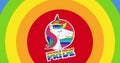 Pride text and unicorn over rainbow stripes background