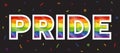 Pride text with waving rainbow pride flag texture and white boder line on black background vector design