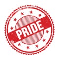 PRIDE text written on red grungy round stamp