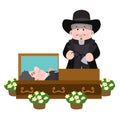 Priest at the coffin with the deceased. Illustration of life scenes. Catholic tradition. Cartoon characters