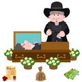 Priest at the coffin with the deceased. Illustration of life scenes. Catholic tradition. Cartoon characters