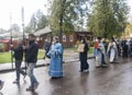 Priest doing the offering with believers in suzdal,russian federation