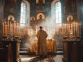 A priest in elegant clothes conducts the holy Easter service in the solemn atmosphere of the church