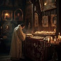 A priest in elegant clothes consecrates Easter cakes and food in a solemn atmosphere of the church