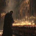 A priest in elegant clothes consecrates Easter cakes and food in a solemn atmosphere of the church