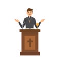 Priest giving speech from tribune.Catholic preacher character isolated on white background. Royalty Free Stock Photo