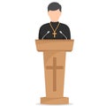 Priest giving speech from tribune. Catholic preacher person. Pastor servant of god in cassock. Vector illustration