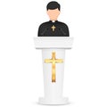 Priest giving speech from tribune. Catholic preacher person. Pastor servant of god in cassock. Vector illustration