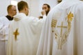 Priest` hands during a wedding ceremony/nuptial mass Royalty Free Stock Photo