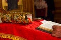 A priest holding the Bible at a christian ritual. Christian celebraton service concept Royalty Free Stock Photo