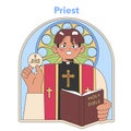 Priest in liturgical vestments holding the Eucharist and Bible. Flat vector illustration