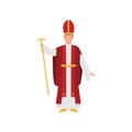 Priest papal majordomo in red clothes with gold scepter