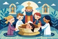 A priest performs a baptism ceremony with children participating in a calm outdoor environment, Customizable illustration of a Royalty Free Stock Photo