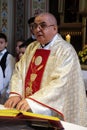 The priest preaches at the Mass on Thanksgiving day in Stitar, Croatia