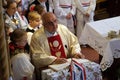 The priest preaches at the Mass on Thanksgiving day in Stitar, Croatia