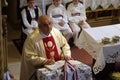 The priest preaches at the Mass on Thanksgiving day in Stitar, Croatia