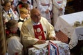 The priest preaches at the Mass on Thanksgiving day in Stitar, Croatia