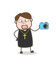 Priest Salesman Showing a Camera Gadget Vector Illustration