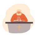 Priest standing at tribune and reading Bible in religious gesture praying, Christianity religion vector illustration