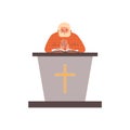 Priest standing at tribune and reading Bible in religious gesture praying vector illustration, Christianity religion