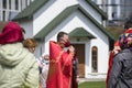 Priest of Ukrainian Orthodox Church of Moscow Patriarchate perform an service near churches, amid outbreak. Kyiv Royalty Free Stock Photo