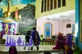 Priest walking on stage at church pastor and people praying god in church