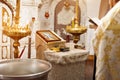 Priest wearing gold robe on ceremony in christian cathedral church, holy sacramental event.