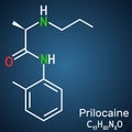 Prilocaine molecule. It is local anesthetic, used in dental procedures. Structural chemical formula on the dark blue background