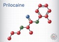 Prilocaine molecule. It is local anesthetic, used in dental procedures. Structural chemical formula and molecule model. Sheet of