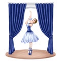 Prima ballerina on stage in a theater hall in an elegant blue tutu and pointe shoes. A girl standing on tiptoe. Opera performance Royalty Free Stock Photo