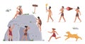 Primal tribe people standing with cave, painting, caveman running away from tiger set