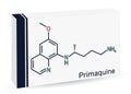 Primaquine molecule. It is aminoquinoline, used for therapy of malaria. Skeletal chemical formula. Paper packaging for drugs