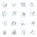 Primary care linear icons set. diagnosis, prevention, treatment, education, screening, referral, follow-up line vector