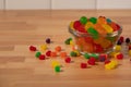 Primary colored gummy asserted sweet candies in glass bowl