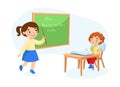 Primary Education, Back to School Concept. Little Schoolboy Character Sitting at Desk Rising Hand to Answer Lesson Royalty Free Stock Photo