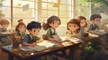 a primary elementary school group of children studying in the classroom. learning and sitting at the desk. Education theme Royalty Free Stock Photo