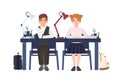 Primary school boy and girl in uniform sitting at desk in classroom isolated on white background. Smiling pupils or Royalty Free Stock Photo