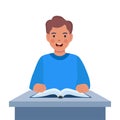 Primary school boy pupil sit at desk. Elementary education. Kid getting knowledge on lesson in class. Vector illustration Royalty Free Stock Photo