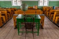 Primary school classroom with antique desks, indoor scene, Rumsiskes Etnographic museum Lithuania