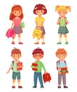 Primary school kids. Cartoon children pupils with backpack and books. Happy boy and girl pupil in schools uniform vector set Royalty Free Stock Photo