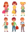 Primary school kids. Cartoon children pupils with backpack and books. Happy boy and girl pupil in schools uniform vector Royalty Free Stock Photo
