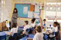 Primary school kids raising hands in class to answer teacher