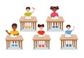 Primary school pupils sit at desk. Elementary education, children writing in copybook, raising hand to answer. Kids getting Royalty Free Stock Photo