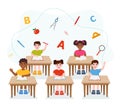 Primary school pupils sit at desk. Elementary education, children writing in copybook, raising hand to answer. Kids getting Royalty Free Stock Photo