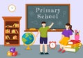 Primary School Vector Illustration of Students Children and School Building with The Concept of Learning and Knowledge Royalty Free Stock Photo