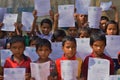 Primary students shows their greetings letters which were sent by the Chief minister of West Bengal to them